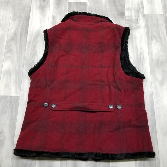 ✅Woolrich Women’s Vest Wool Blend Ruby Plaid Faux Fur Red Black Size MEDIUM - Picture 4 of 11